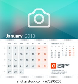 January 2018. Calendar for 2018 Year. Week Starts on Monday. 2 Months on Page. Vector Design Print Template with Place for Photo and Company Information