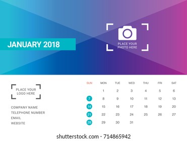 January 2018 desk calendar vector illustration, simple and clean design.