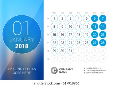  Enero de 2018. Calendario oficial para el año 2018. Plantilla de impresión de diseño vectorial con lugar para foto. La semana empieza el lunes. Cuadrícula de calendario con números de semana