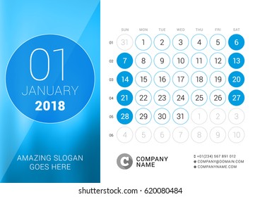 Enero de 2018.Calendario oficial para el año 2018. Plantilla de impresión de diseño de vectores. La semana empieza el domingo. Cuadrícula de calendario con números de semana