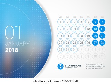  Enero de 2018. Calendario oficial para el año 2018. Plantilla de impresión de diseño vectorial con lugar para foto. La semana empieza el lunes