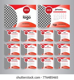 January 2018. Desk Calendar for 2018 Year. Vector Design Print Template with Place for Photo. Week Starts on Monday