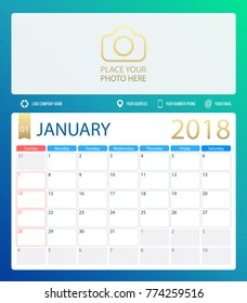 JANUARY 2018, illustration vector calendar or desk planner, weeks start on Sunday, size of paper for printing A4. Blue is a green color.
