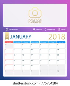 JANUARY 2018, illustration vector calendar or desk planner, weeks start on Sunday, size of paper for printing A4. Dark blue Violet color.