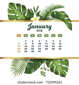 January 2018. Tropical printable calendar for 2018 year with exotic leaves and flowers