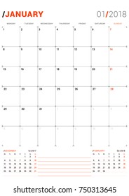 January 2018. Vector Print Template. Monthly Calendar Planner for 2018 Year. Week Starts Monday. 3 Months on the Page. Stationery Design