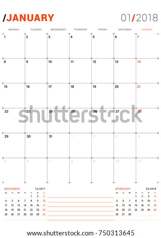 january 2018 vector print template monthly stock vector royalty 3 months calendar template