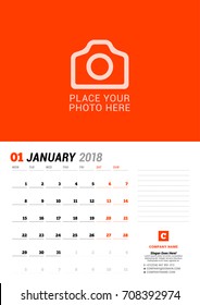 January 2018. Wall calendar planner template. Vector design print template with place for photo. Week starts on Monday. 3 Months on page
