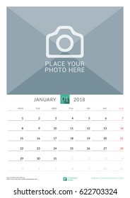 January 2018. Wall Monthly Calendar for 2018 Year. Vector Design Print Template with Place for Photo. Week Starts on Monday. Portrait Orientation