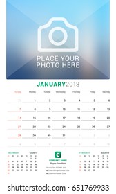 January 2018. Wall Monthly Calendar for 2018 Year. Vector Design Print Template with Place for Photo. Week Starts on Sunday. 3 Months on Page