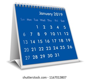 January  2019 3D desktop calendar in white background