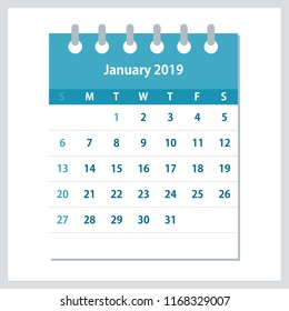 January 2019 Calendar Leaf. Monthly calendar design template. Week starts on Sunday. Business vector illustration.
