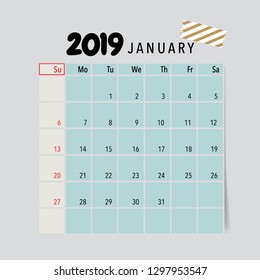 January 2019 calendar page. Vector illustration.