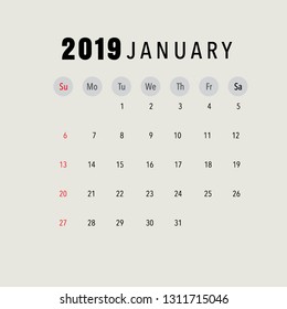 January 2019 calendar page. Vector illustration.