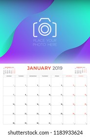 January 2019. Calendar planner stationery design template with place for photo. Week starts on Monday. Vector illustration