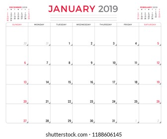 January 2019. Calendar planner stationery design template. Vector illustration. Week starts on Sunday