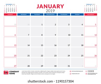 January 2019. Calendar planner stationery design template. Vector illustration. Week starts on Sunday
