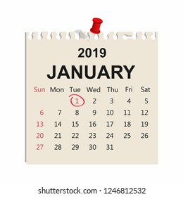 January 2019. Calendar sheet. January 1 New Year Vector