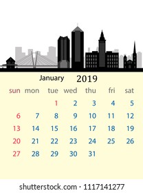 January 2019 calendar of the United States with the city skyline of Cleveland