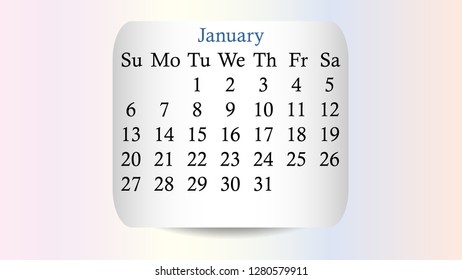 January 2019. Calendar 2019 vector design. Date on the curved stickers on the pastel background