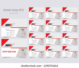January 2019. Calendar for 2019 Year. Vector Design Print Template with Place for Photo. - Vector