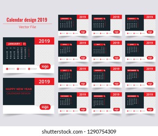 January 2019. Calendar for 2019 Year. Vector Design Print Template with Place for Photo. - Vector