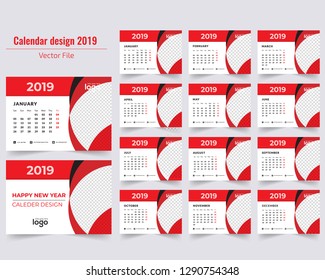 January 2019. Calendar for 2019 Year. Vector Design Print Template with Place for Photo. - Vector