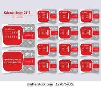 January 2019. Calendar for 2019 Year. Vector Design Print Template with Place for Photo. - Vector