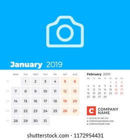 January 2019. Calendar for 2019 year. Week starts on Monday. 2 months on page. Vector design print template with place for photo and company information