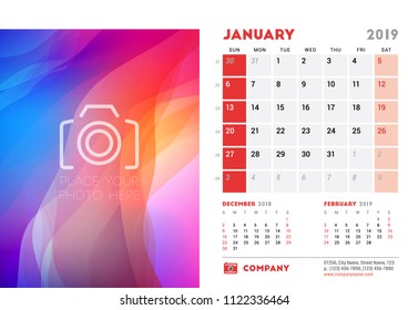 January 2019. Desk Calendar design template with place for photo. Week starts on Sunday. Three months on page. Vector illustration