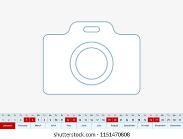 January 2019 for desk calendar, one line vector template calendar in English.