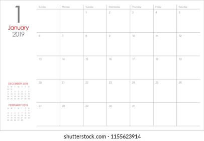 January 2019 desk calendar vector illustration, simple and clean design. 