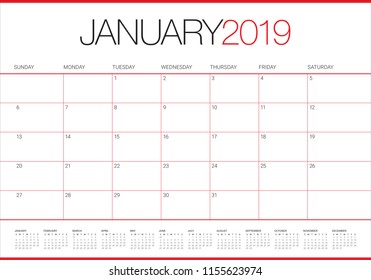 January 2019 desk calendar vector illustration, simple and clean design. 