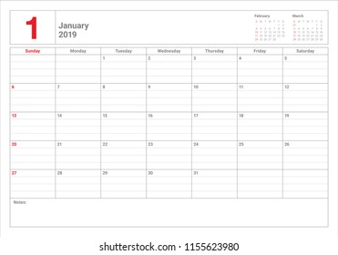 January 2019 desk calendar vector illustration, simple and clean design. 