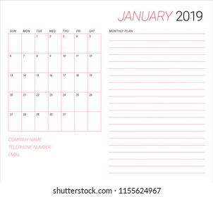 January 2019 desk calendar vector illustration, simple and clean design. 