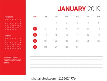 January 2019 desk calendar vector illustration, simple and clean design. 