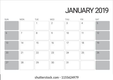 January 2019 desk calendar vector illustration, simple and clean design. 