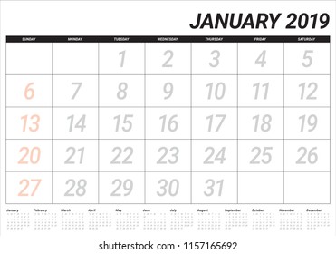 January 2019 desk calendar vector illustration, simple and clean design. 