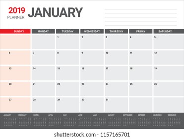 January 2019 desk calendar vector illustration, simple and clean design. 