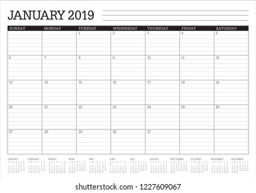 January 2019 desk calendar vector illustration, simple and clean design. 