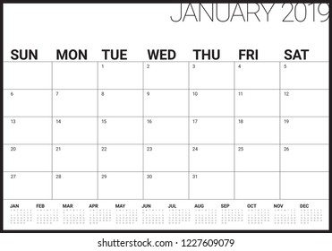 January 2019 desk calendar vector illustration, simple and clean design. 