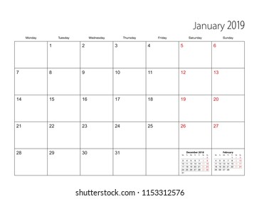 January 2019 simple calendar planner, week starts from Monday.