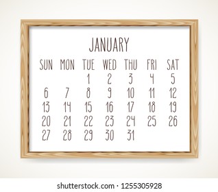 January 2019 vector monthly calendar. Week starting from Sunday. Hand drawn text in a wooden frame isolated over white background.