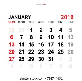 January 2019. Vector monthly calendar template 2019 year in simple style for template design. Week starts from Sunday.