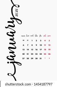 January 2020 Calendar Design. 12 Months Vector Page Template.