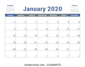 January 2020 calendar. English planner. Сolor vector template. Week starts on Sunday. Business planning. New year calender. Clean minimal table. Simple design