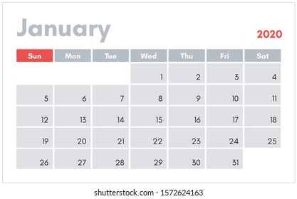January 2020 calendar in english. Vector illustration for print and banners.