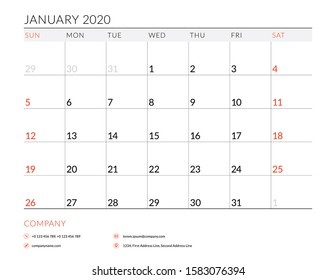 January 2020. Calendar planner stationery design template. Vector illustration. Week starts on Sunday