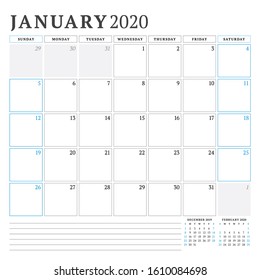 January 2020. Calendar planner stationery design template. Vector illustration. Week starts on Sunday