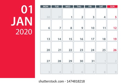 January 2020 Calendar Planner - vector illustration. Template. Mock up.